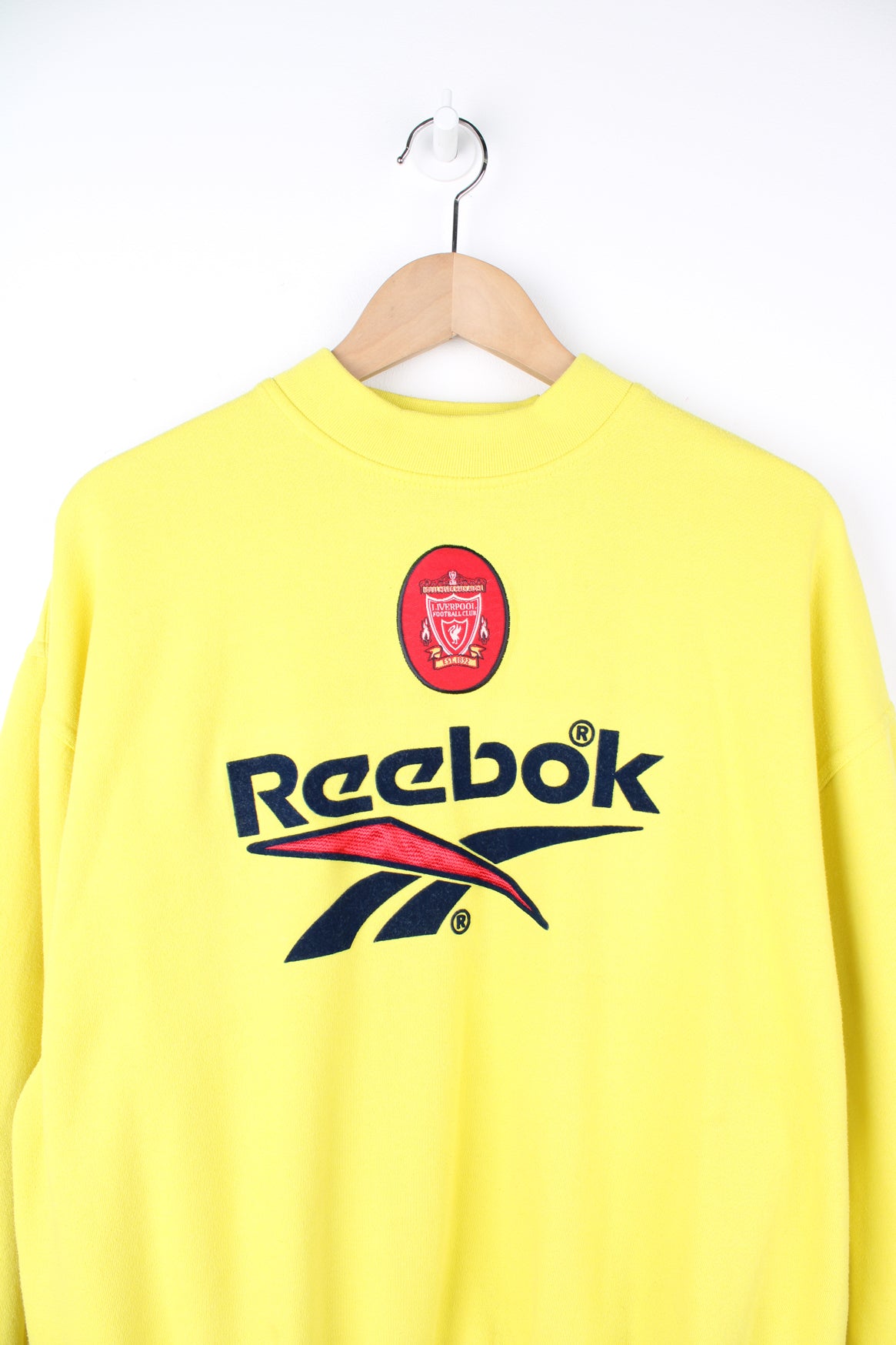 Vintage Reebok x Liverpool F.C bright yellow crewneck sweatshirt, features spell-out logo and embroidered badges