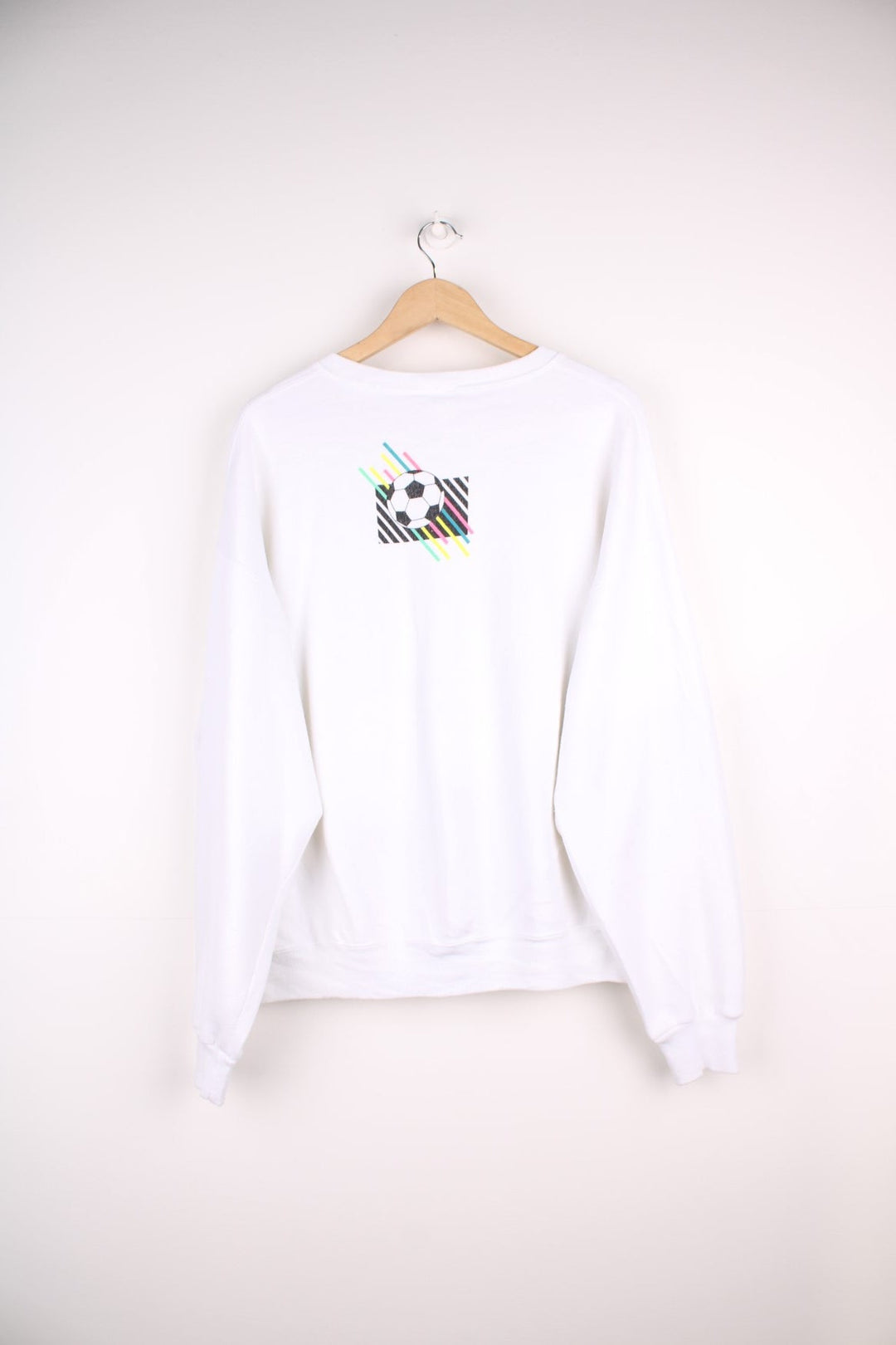 1989 Vintage Sweatshirt in a white colourway with a multicoloured neon football graphic across the front and on the back.