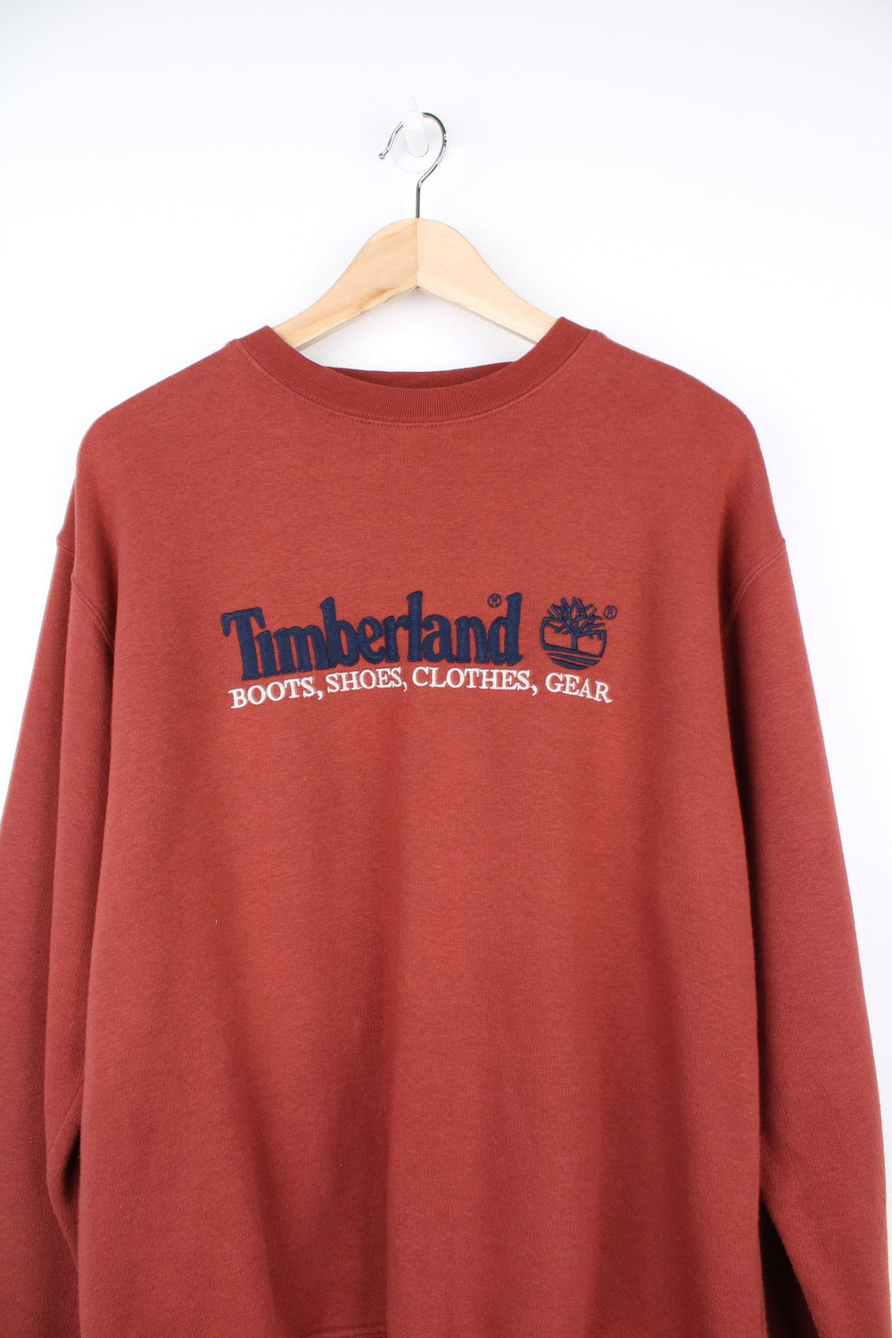 Timberland crew neck sweatshirt with embroidered logo across the chest.