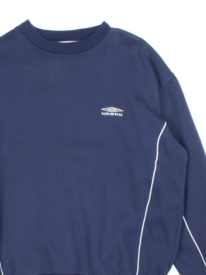 Vintage Umbro Sweatshirt in a blue colourway with white stripe detailing and small classic logo on the front.