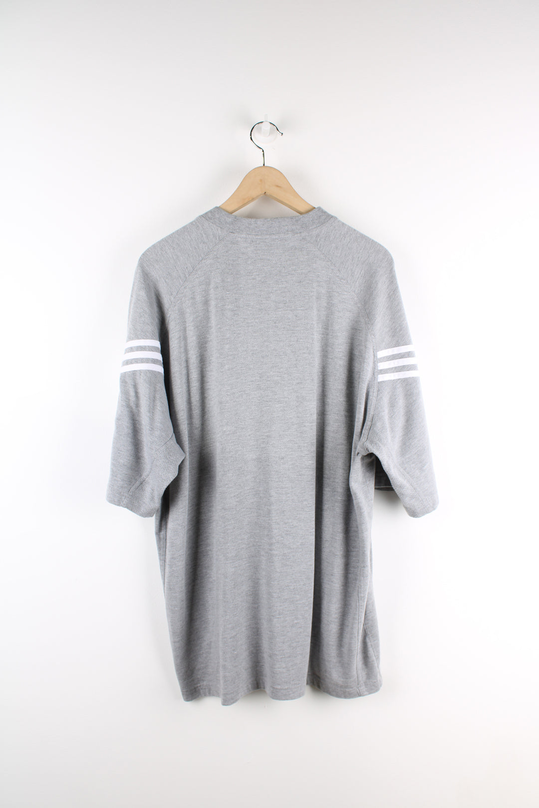 90's Adidas grey t-shirt, features embroidered logo on chest and signature three stripes on the sleeve