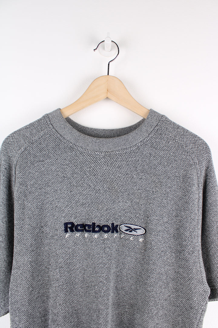 Reebok grey waffled oversized, heavy weight t-shirt features embroidered logo on the chest