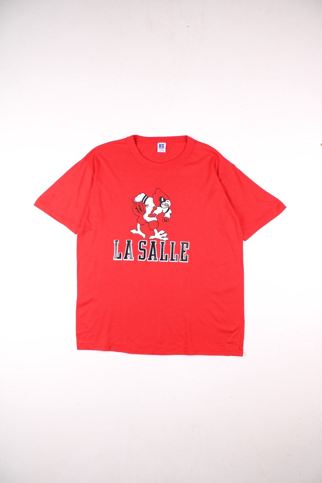 Vintage 80's La Salle College Team Graphic T-Shirt in a red colourway with the spell out logo and graphic printed on the front.