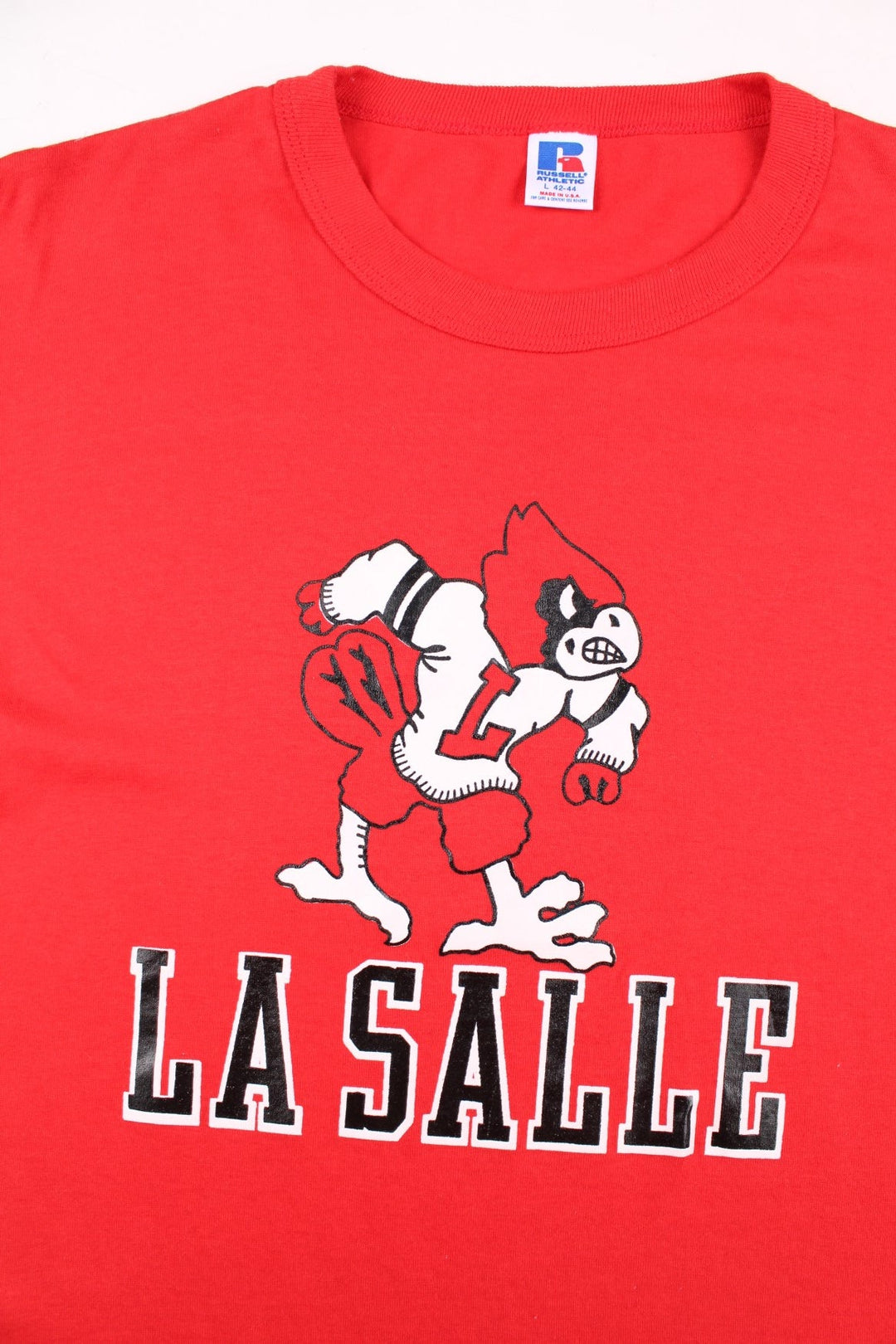 Vintage 80's La Salle College Team Graphic T-Shirt in a red colourway with the spell out logo and graphic printed on the front.