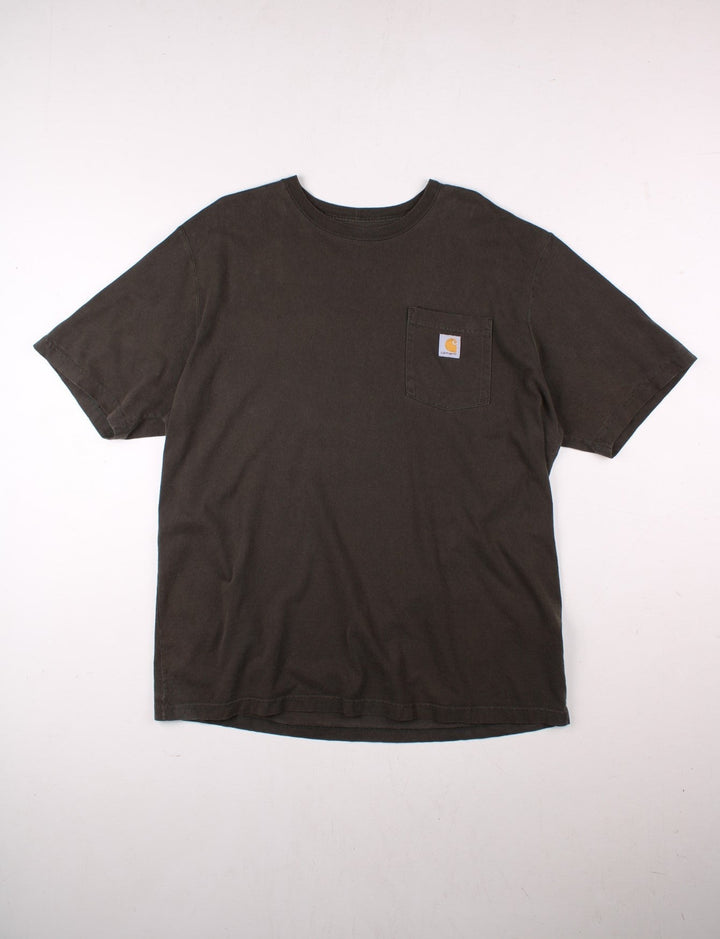 Carhartt Pocket T-Shirt in a dark khaki green colourway, and has a chest pocket with the logo embroidered on the front.