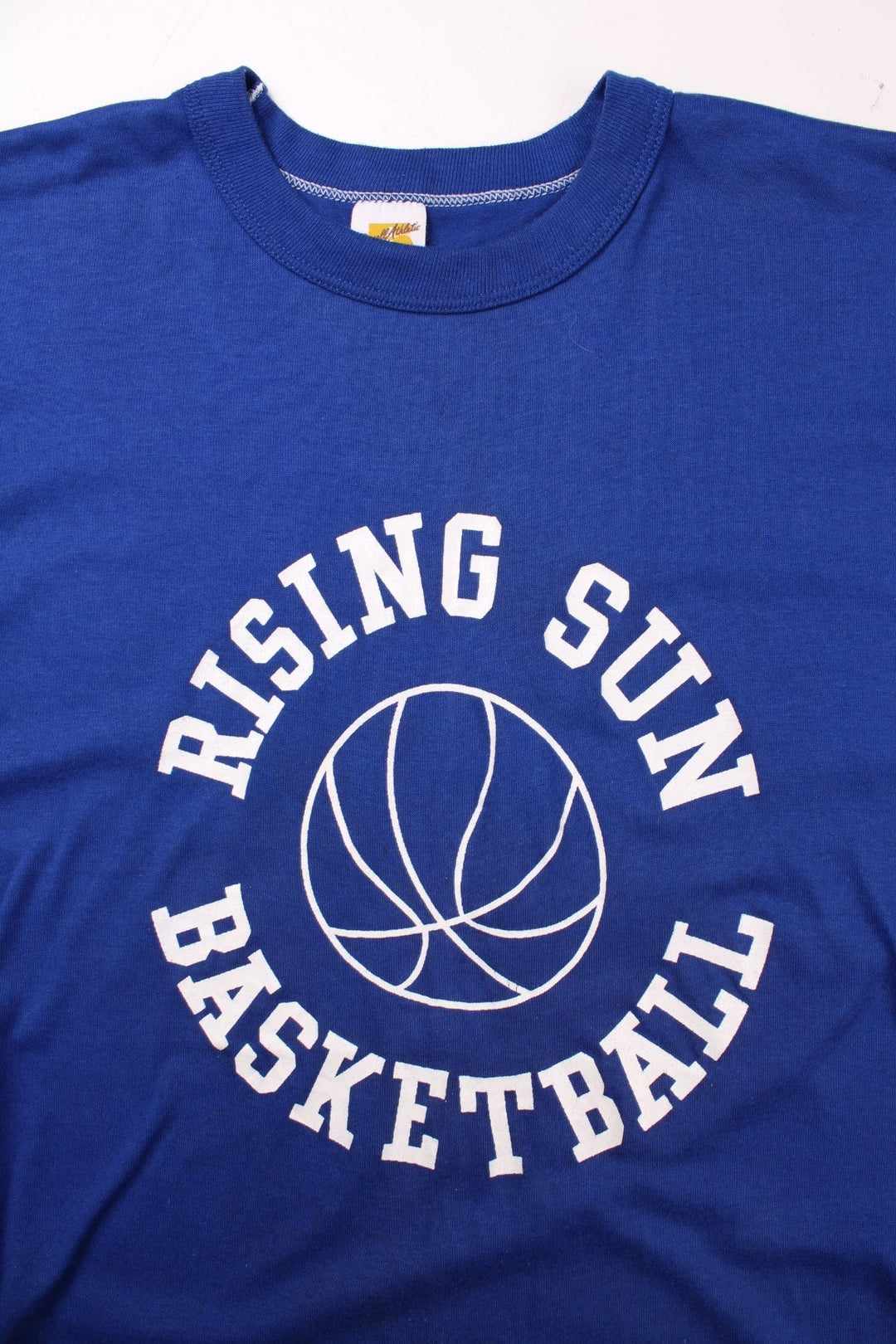 Vintage 80's Rising Sun Basketball Graphic Single Stitch T-Shirt in a blue colourway with the spell out logo and graphic printed on the front.