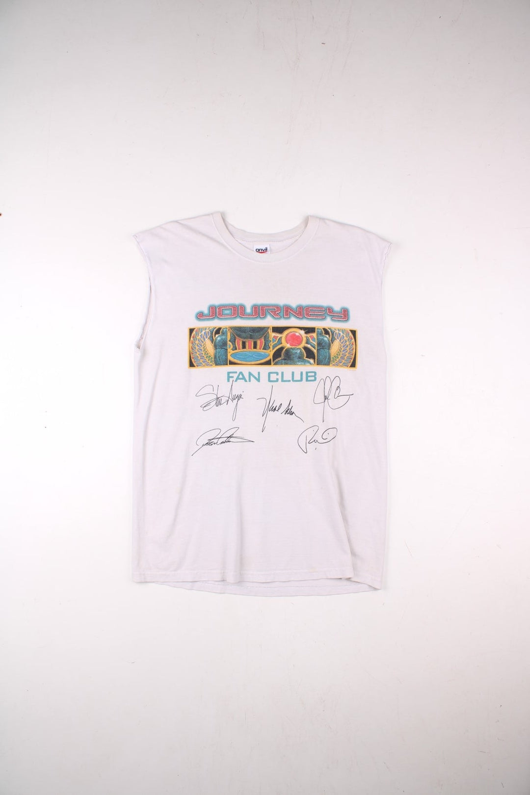 Vintage 2001 Journey Arrival Tour Signed Fan Club Vest T-Shirt in a white colourway with the spell out and graphic printed across the front alongside the bands signatures (not actually signed but printed onto the t-shirt) and has the tour dates printed on the back.