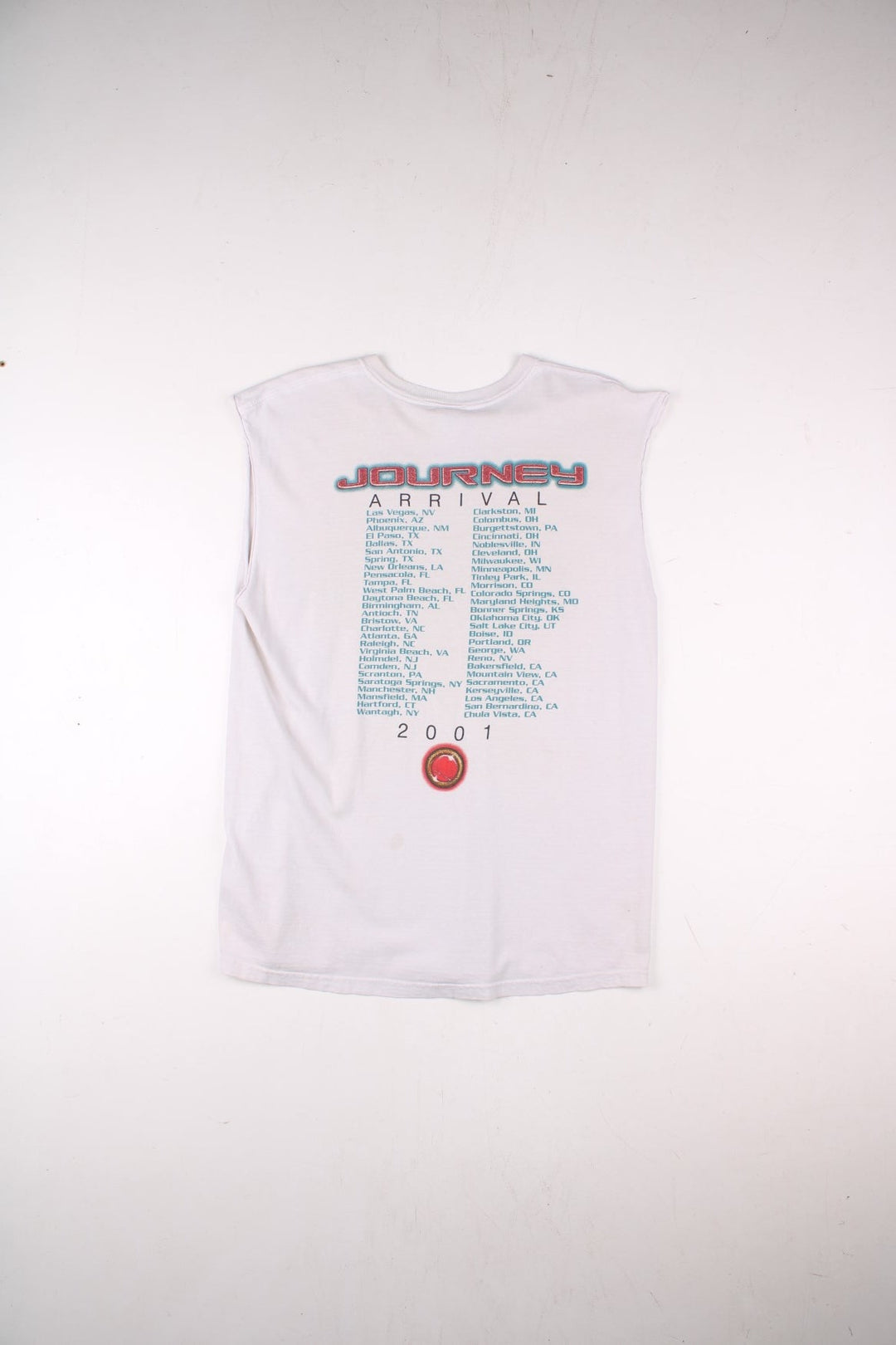 Vintage 2001 Journey Arrival Tour Signed Fan Club Vest T-Shirt in a white colourway with the spell out and graphic printed across the front alongside the bands signatures (not actually signed but printed onto the t-shirt) and has the tour dates printed on the back.