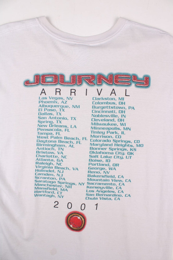 Vintage 2001 Journey Arrival Tour Signed Fan Club Vest T-Shirt in a white colourway with the spell out and graphic printed across the front alongside the bands signatures (not actually signed but printed onto the t-shirt) and has the tour dates printed on the back.