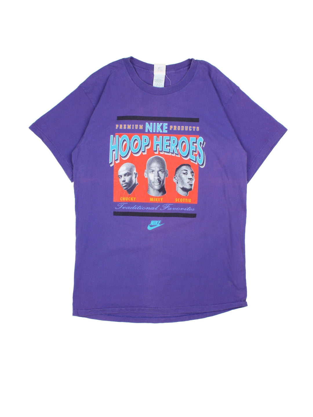 Vintage 90's Nike Hoop Heroes Single Stitch T-Shirt in a purple colourway with Michael Jordan, Charles Barkley and Scottie Pippen graphic and spell out printed on the front.