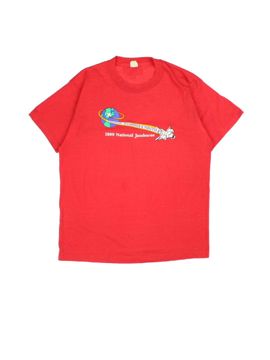 Vintage 80's Boy Scout Jamboree T-Shirt in a red colourway with small graphic across the chest.