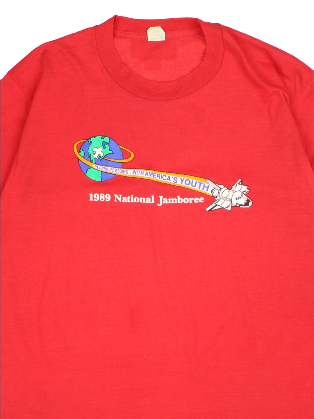 Vintage 80's Boy Scout Jamboree T-Shirt in a red colourway with small graphic across the chest.