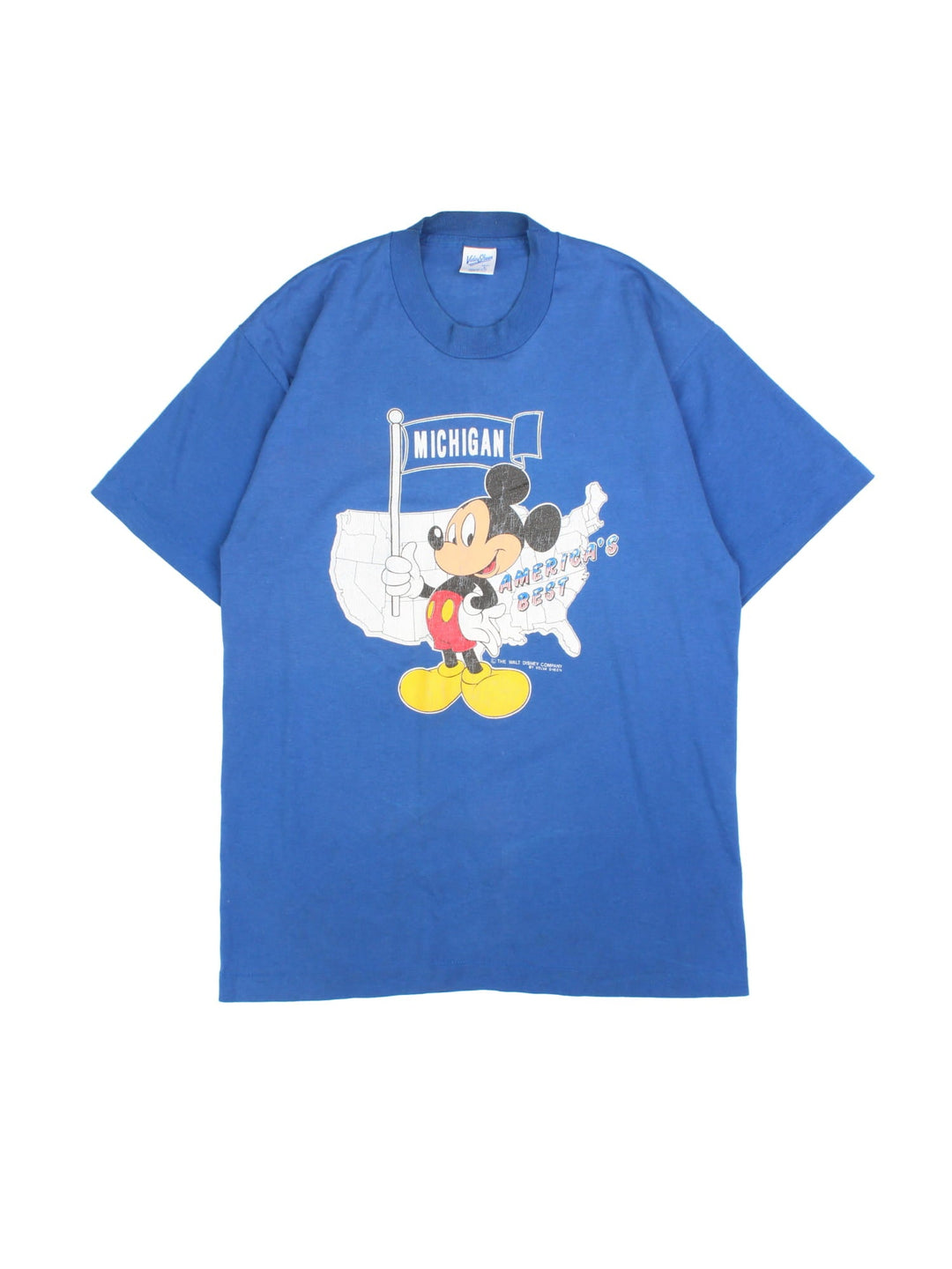 Vintage Mickey Mouse Michigan T-Shirt in a blue colourway with cartoon graphic on the front.