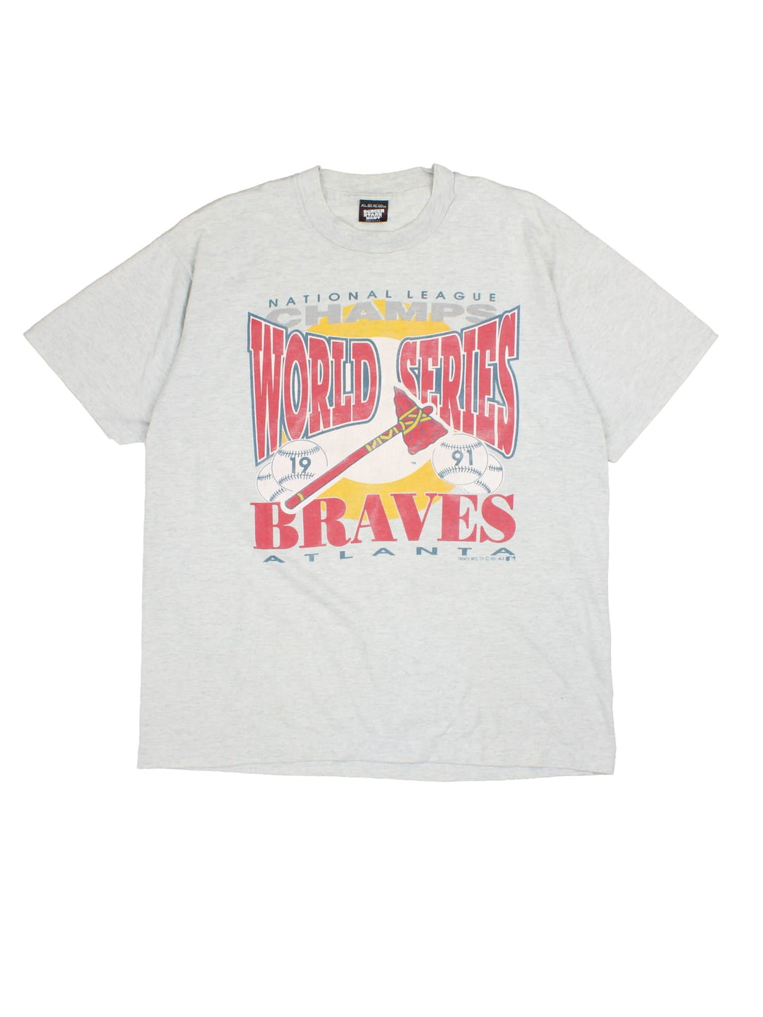 Vintage 90's Atlanta Braves World Series T-Shirt in a grey colourway with large graphic on the front.