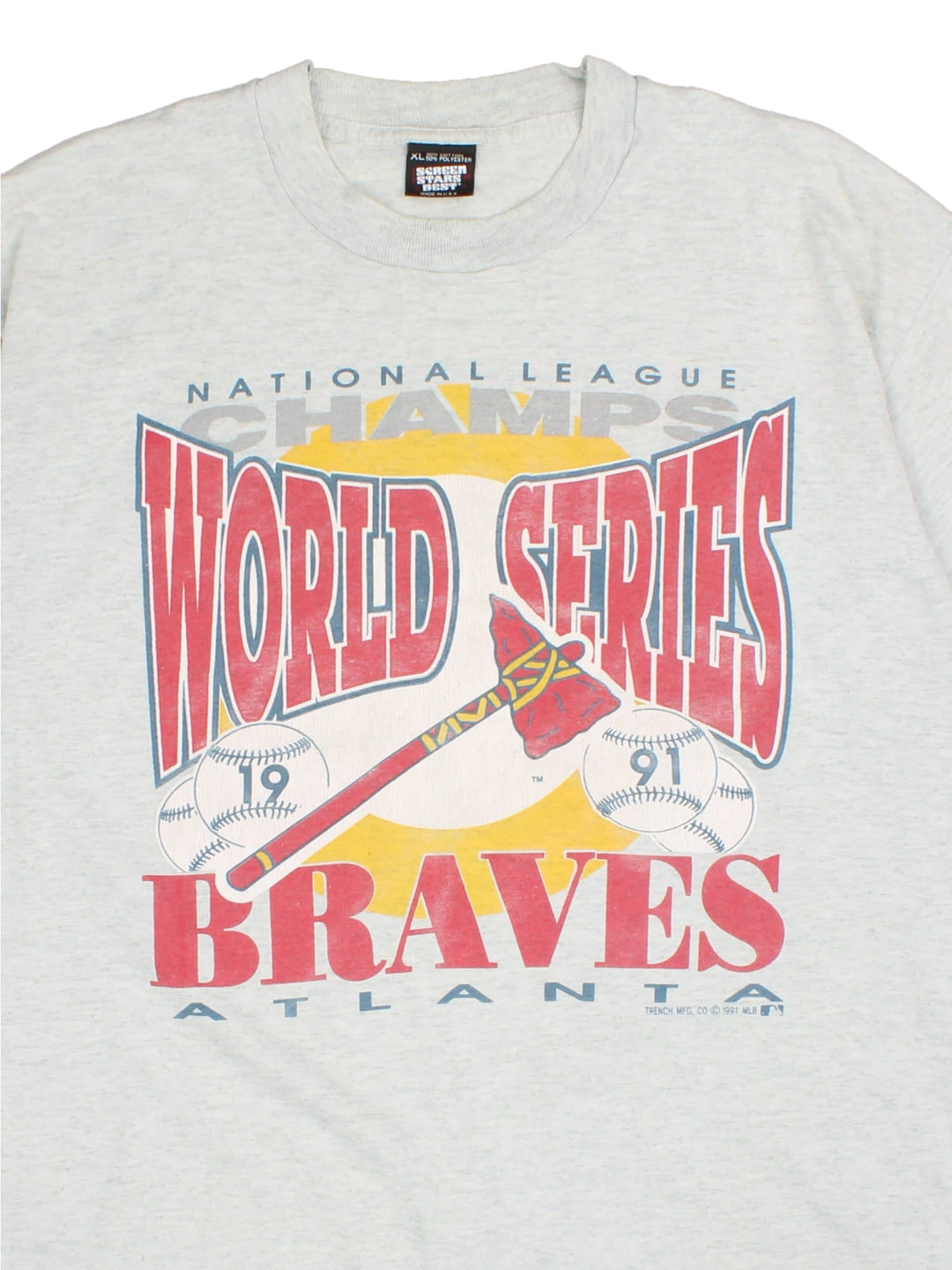 Vintage 90's Atlanta Braves World Series T-Shirt in a grey colourway with large graphic on the front.