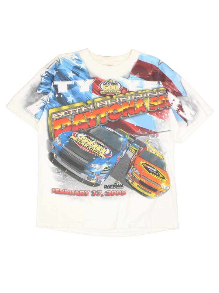 Vintage Nascar 2008 Daytona 500 T-Shirt in a white colourway with large graphic on the front and back.