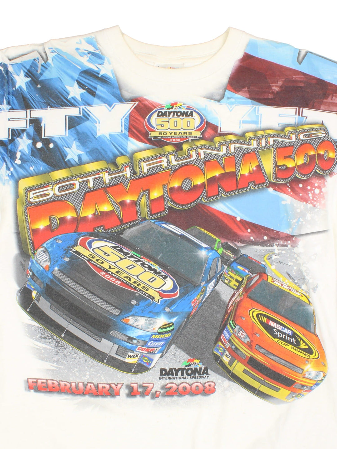 Vintage Nascar 2008 Daytona 500 T-Shirt in a white colourway with large graphic on the front and back.