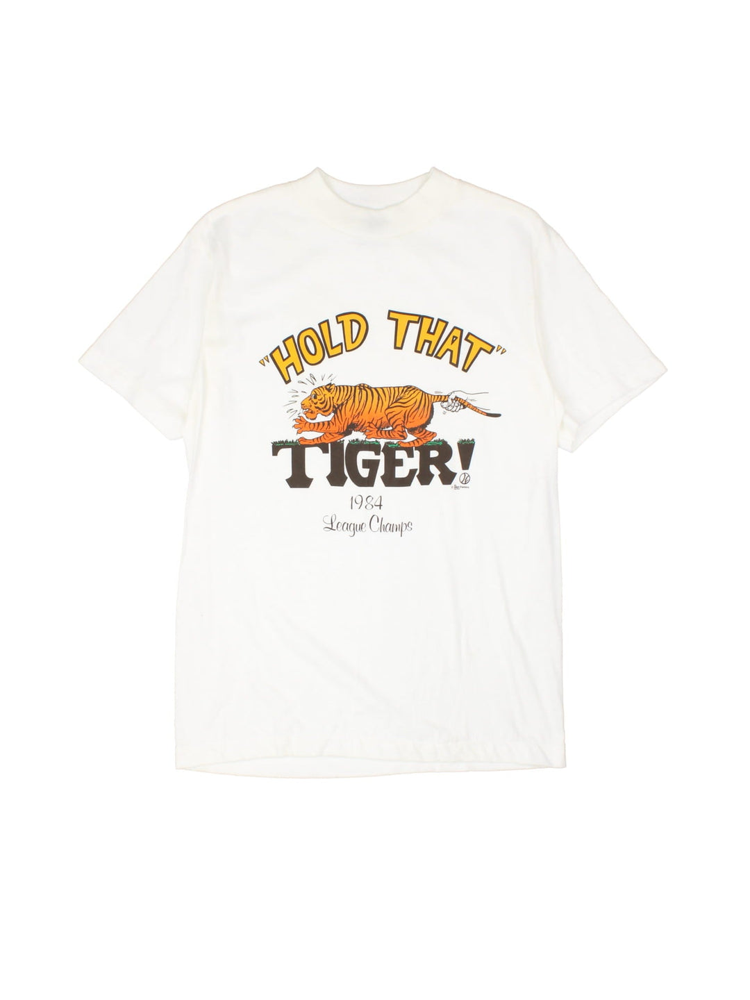 Vintage 80's League Champs Tiger T-Shirt in a white colourway with the date and graphic print on the front.