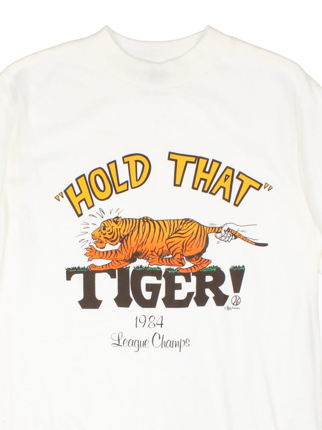 Vintage 80's League Champs Tiger T-Shirt in a white colourway with the date and graphic print on the front.