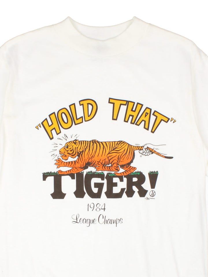 Vintage 80's League Champs Tiger T-Shirt in a white colourway with the date and graphic print on the front.