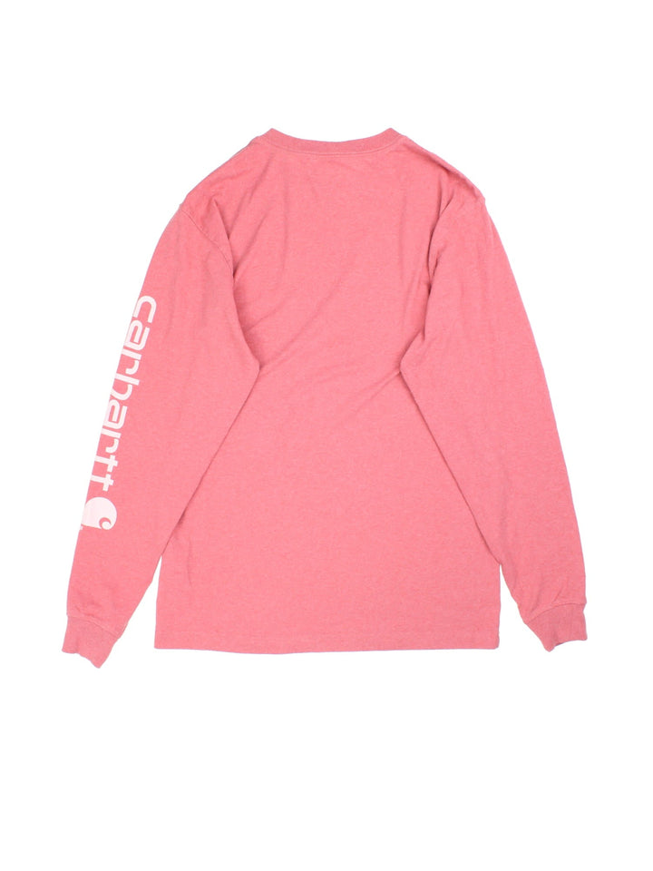 Vintage Carhartt long sleeved T-Shirt in a pink colourway, logo printed down left arm.