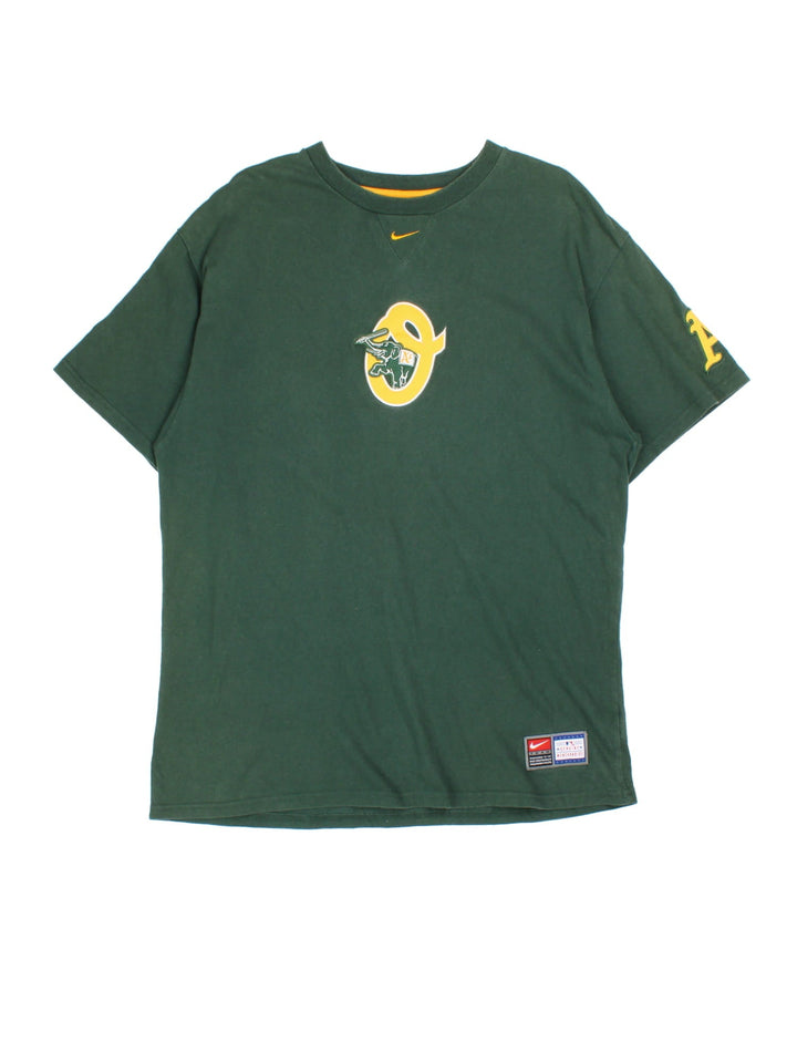 Vintage Nike NFL Oakland Athletics T-shirt in a green colourway, logo embroidered on front and sleeve.