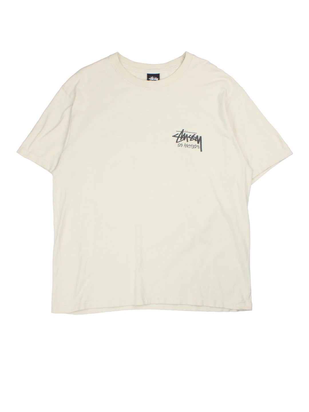 Stussy t-shirt in a white colourway, graphic printed on front and back.