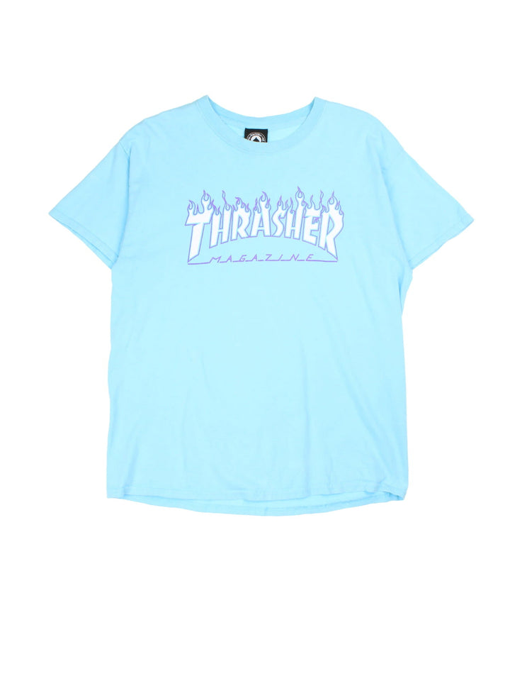 Vintage Thrasher T-shirt in a blue colourway, branding printed on front.