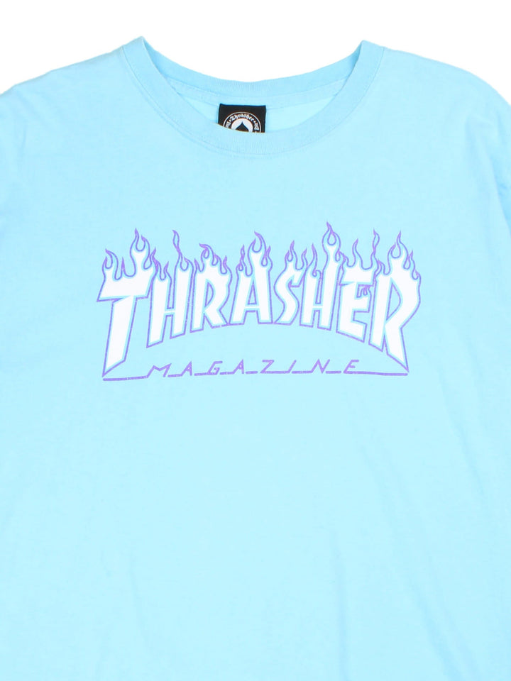 Vintage Thrasher T-shirt in a blue colourway, branding printed on front.