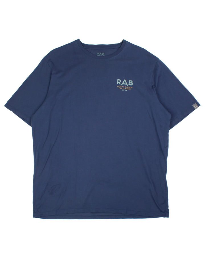 Vintage Rab T-shirt in a blue colourway, branding printed on front and back.