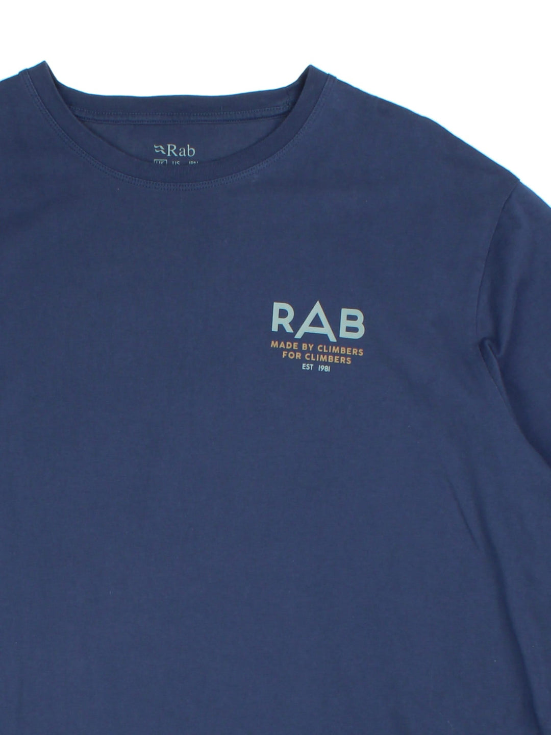 Vintage Rab T-shirt in a blue colourway, branding printed on front and back.