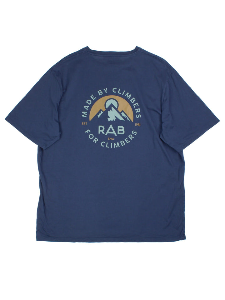 Vintage Rab T-shirt in a blue colourway, branding printed on front and back.