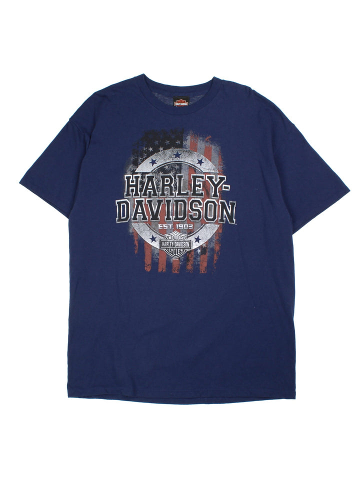 Vintage Harley-Davidson T-shirt in a blue colourway, logo printed on front and back.