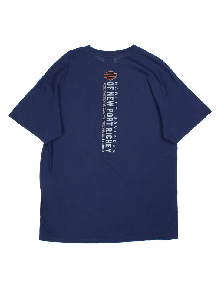 Vintage Harley-Davidson T-shirt in a blue colourway, logo printed on front and back.