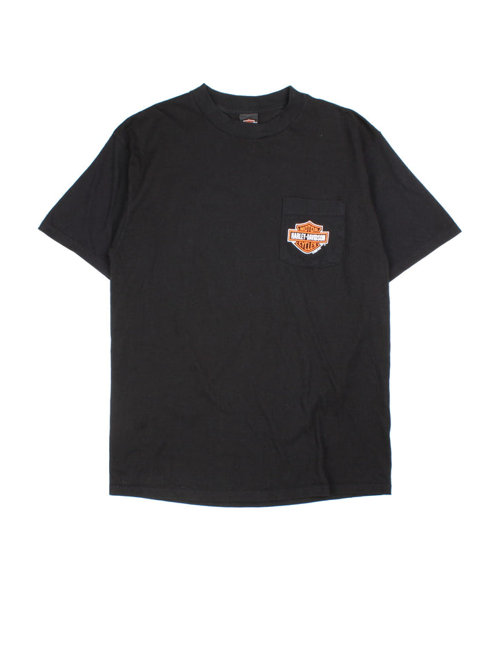 Vintage Harley-Davidson T-shirt in a black colourway, logo printed on front pocket and back.