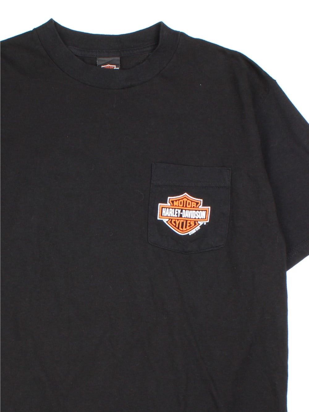 Vintage Harley-Davidson T-shirt in a black colourway, logo printed on front pocket and back.