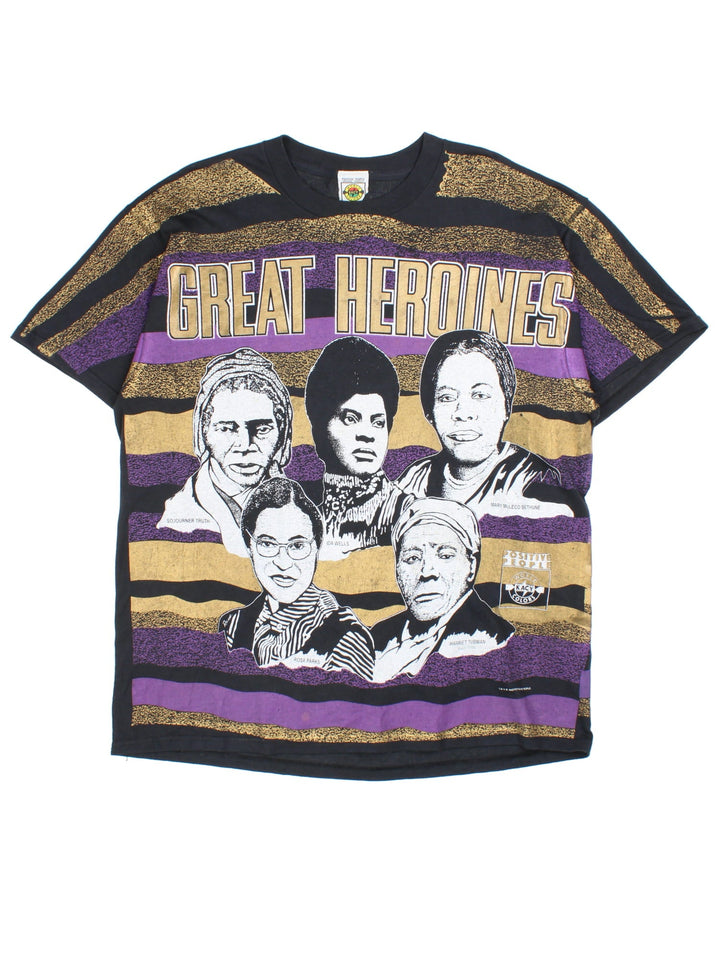 Vintage Kacy World Colors Great Heroines T-shirt in a black/purple/gold colourway, graphics on front and back.