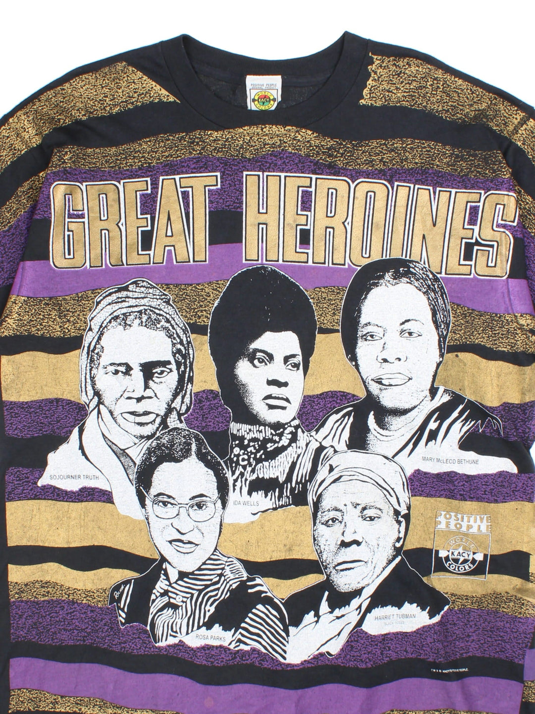 Vintage Kacy World Colors Great Heroines T-shirt in a black/purple/gold colourway, graphics on front and back.