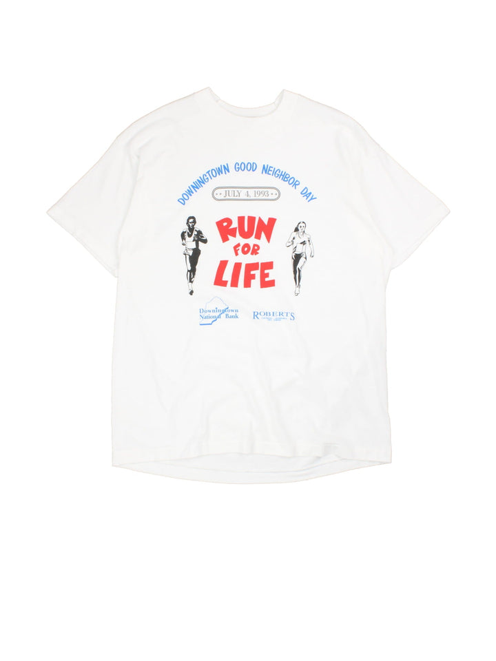 Vintage 1993 Run For Life, single stitch graphic t-shirt in a white colourway, graphic printed on front.