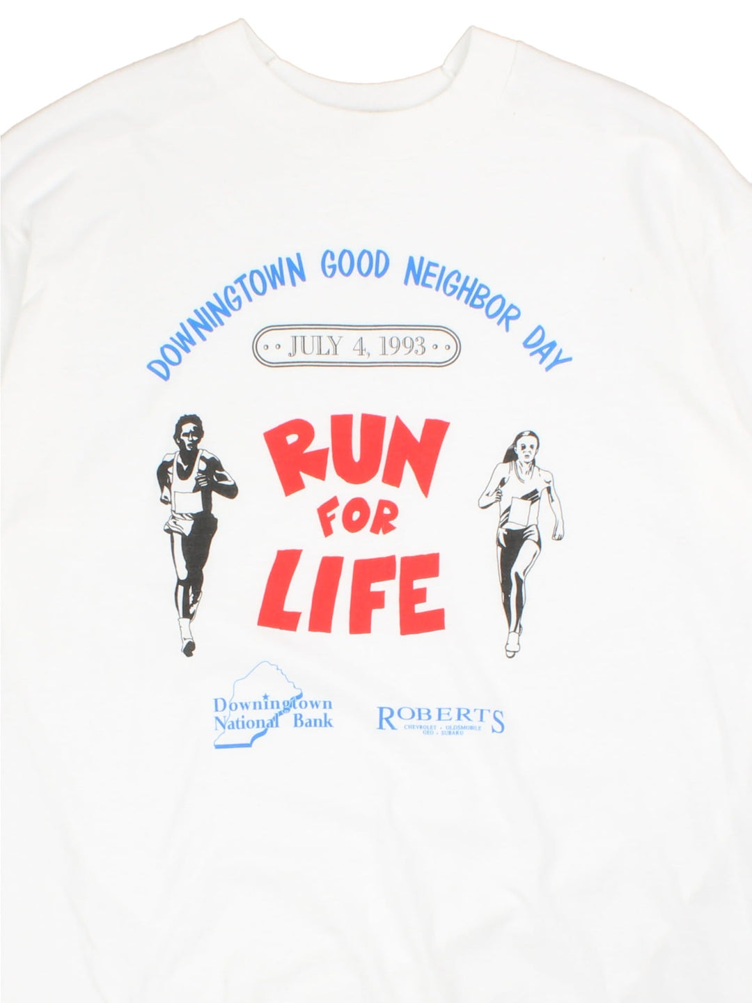 Vintage 1993 Run For Life, single stitch graphic t-shirt in a white colourway, graphic printed on front.