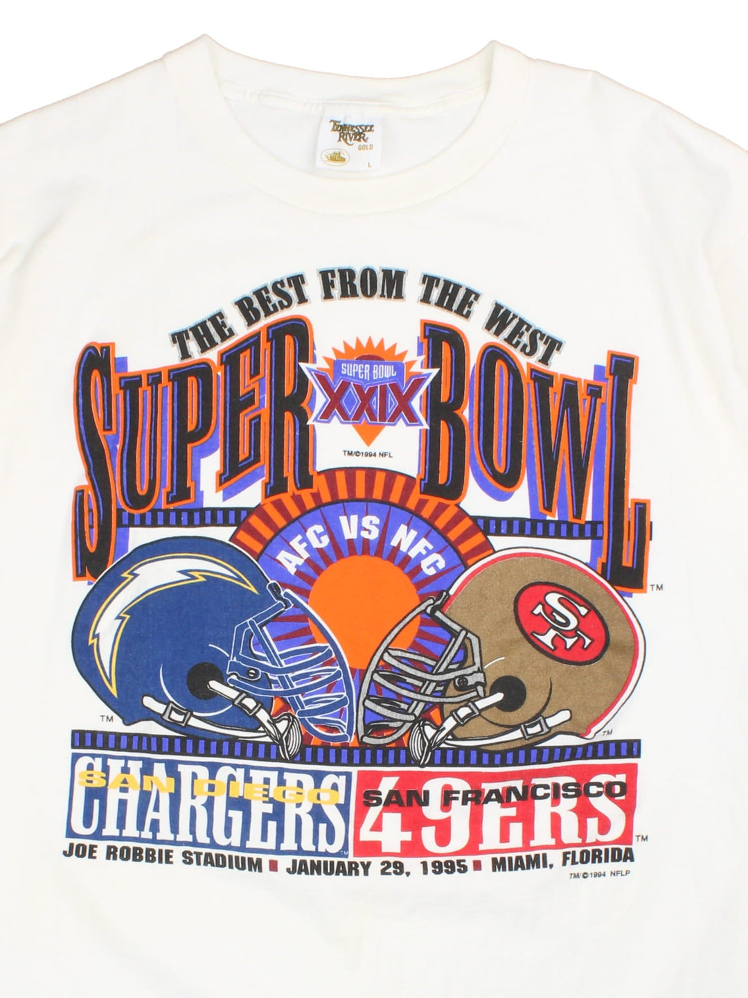 Vintage1994 Super Bowl single stitch t-shirt in a white colourway, graphic printed on front.