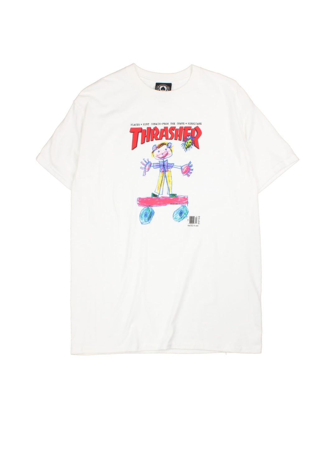 Vintage Kurt Cobain Thrasher t-shirt in a white colourway, graphic printed on front.