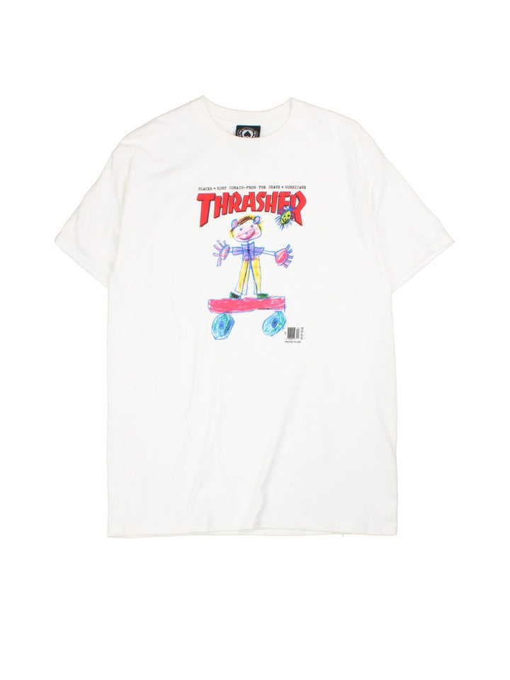 Vintage Kurt Cobain Thrasher t-shirt in a white colourway, graphic printed on front.