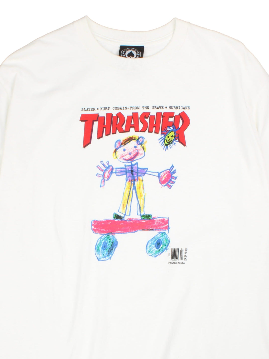 Vintage Kurt Cobain Thrasher t-shirt in a white colourway, graphic printed on front.