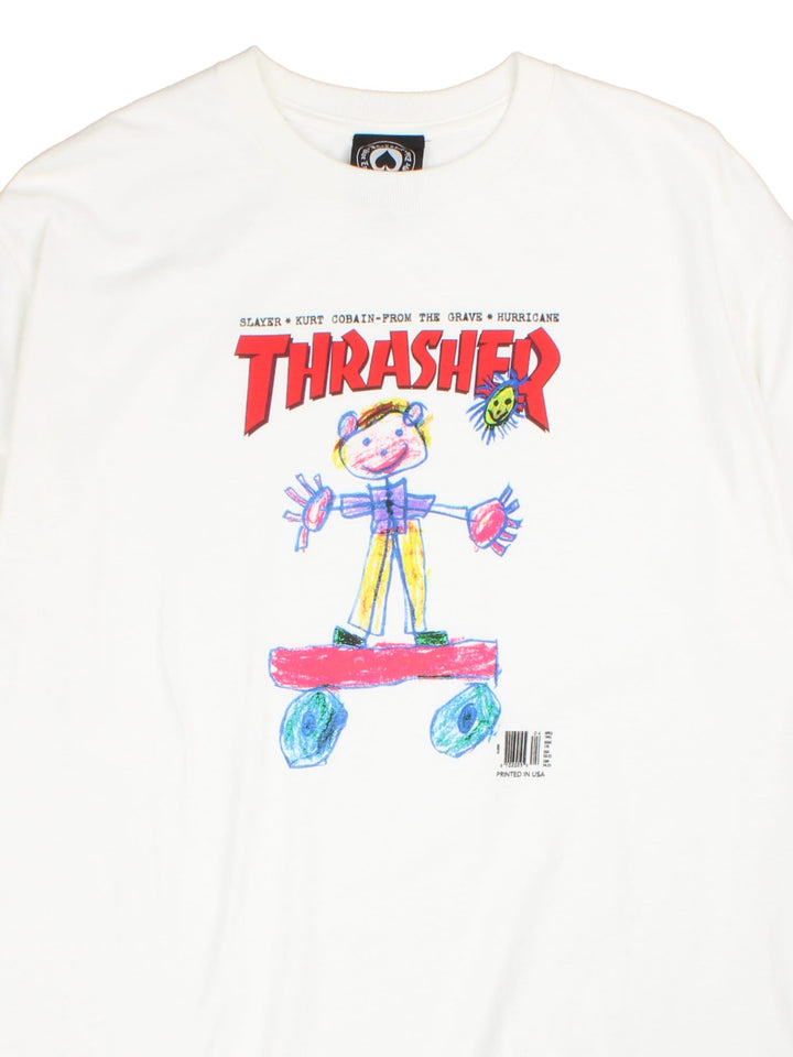 Vintage Kurt Cobain Thrasher t-shirt in a white colourway, graphic printed on front.