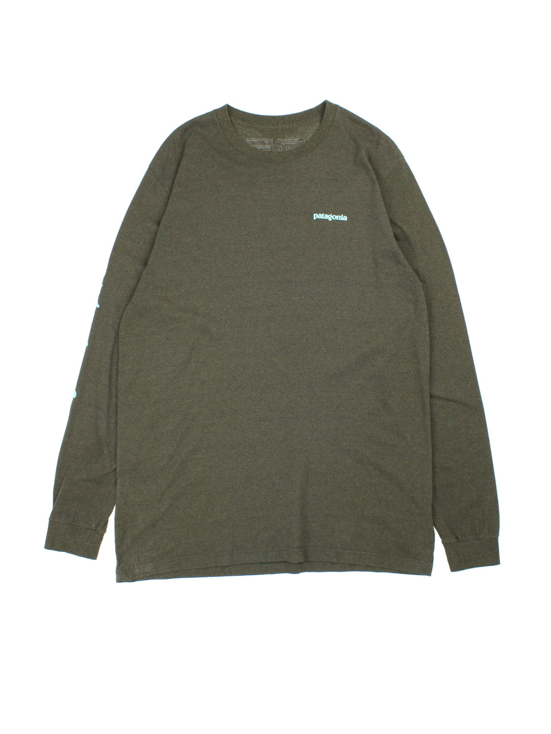 Patagonia Long Sleeve T-Shirt in a green colourway with the logo printed on the front and down the right sleeve.