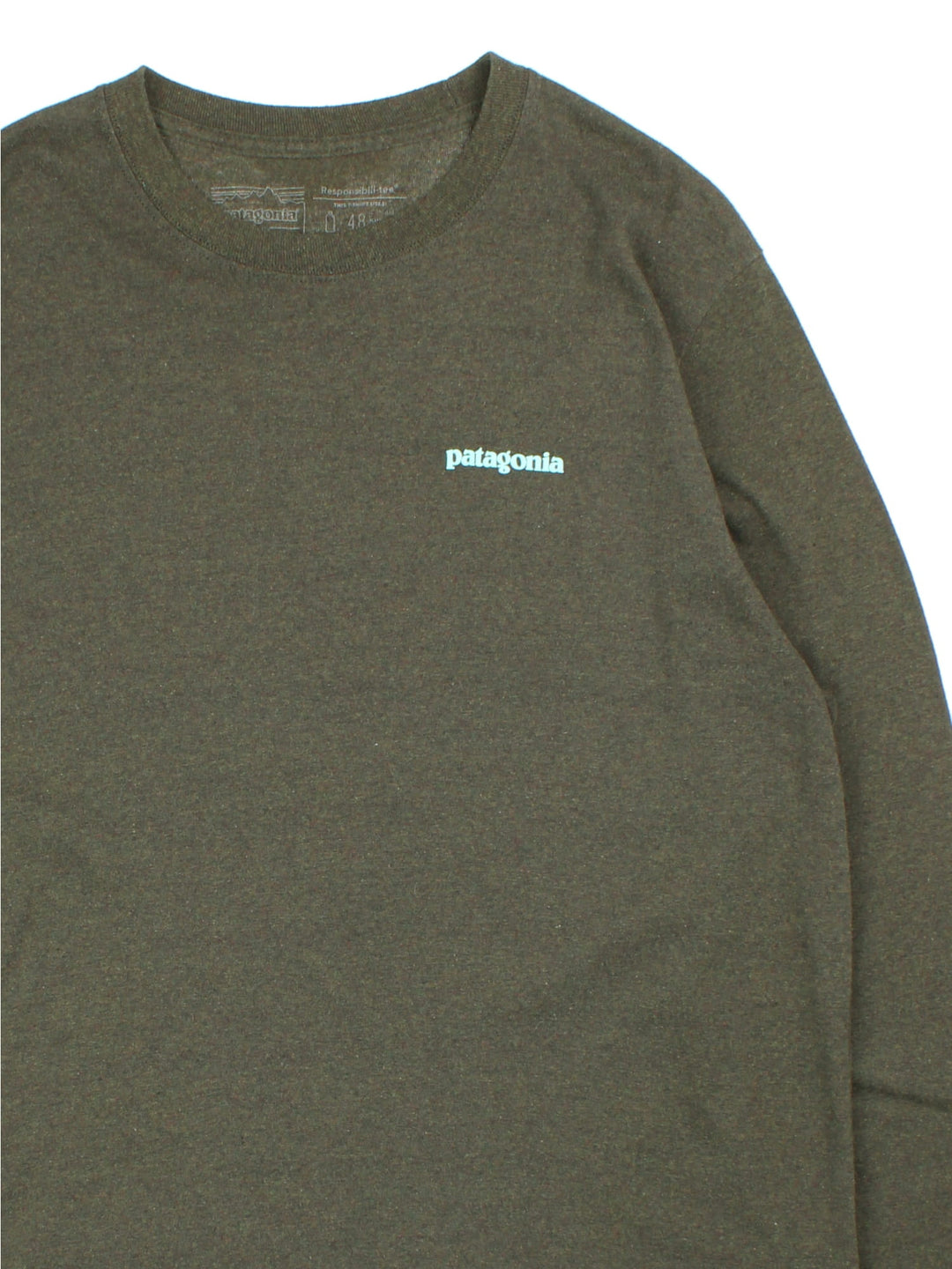 Patagonia Long Sleeve T-Shirt in a green colourway with the logo printed on the front and down the right sleeve.