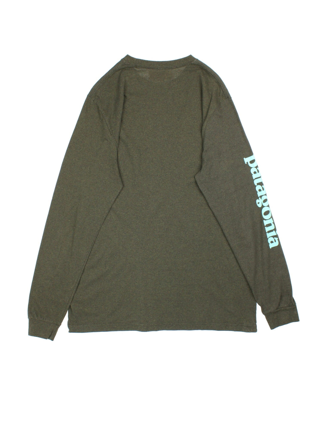 Patagonia Long Sleeve T-Shirt in a green colourway with the logo printed on the front and down the right sleeve.