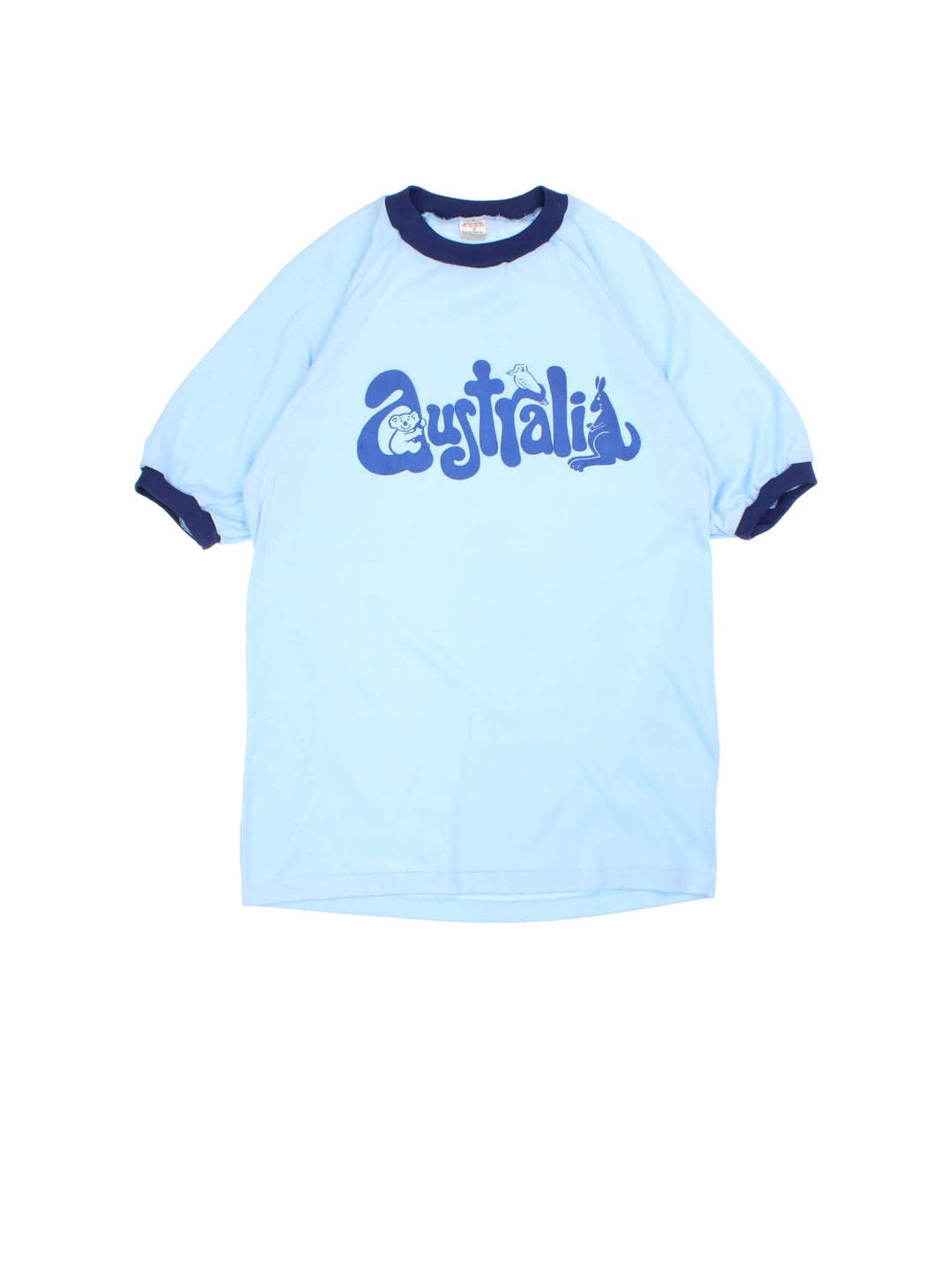 Vintage Australia Ringer T-Shirt in a blue colourway with puff print spell out across the front.