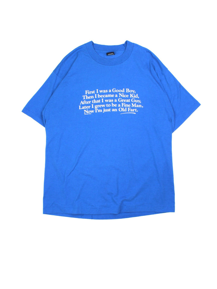 Vintage Studio East 'First I Was A Good Boy' Quote Graphic T-Shirt in a blue colourway with the spell out printed on the front, single stitch t-shirt.